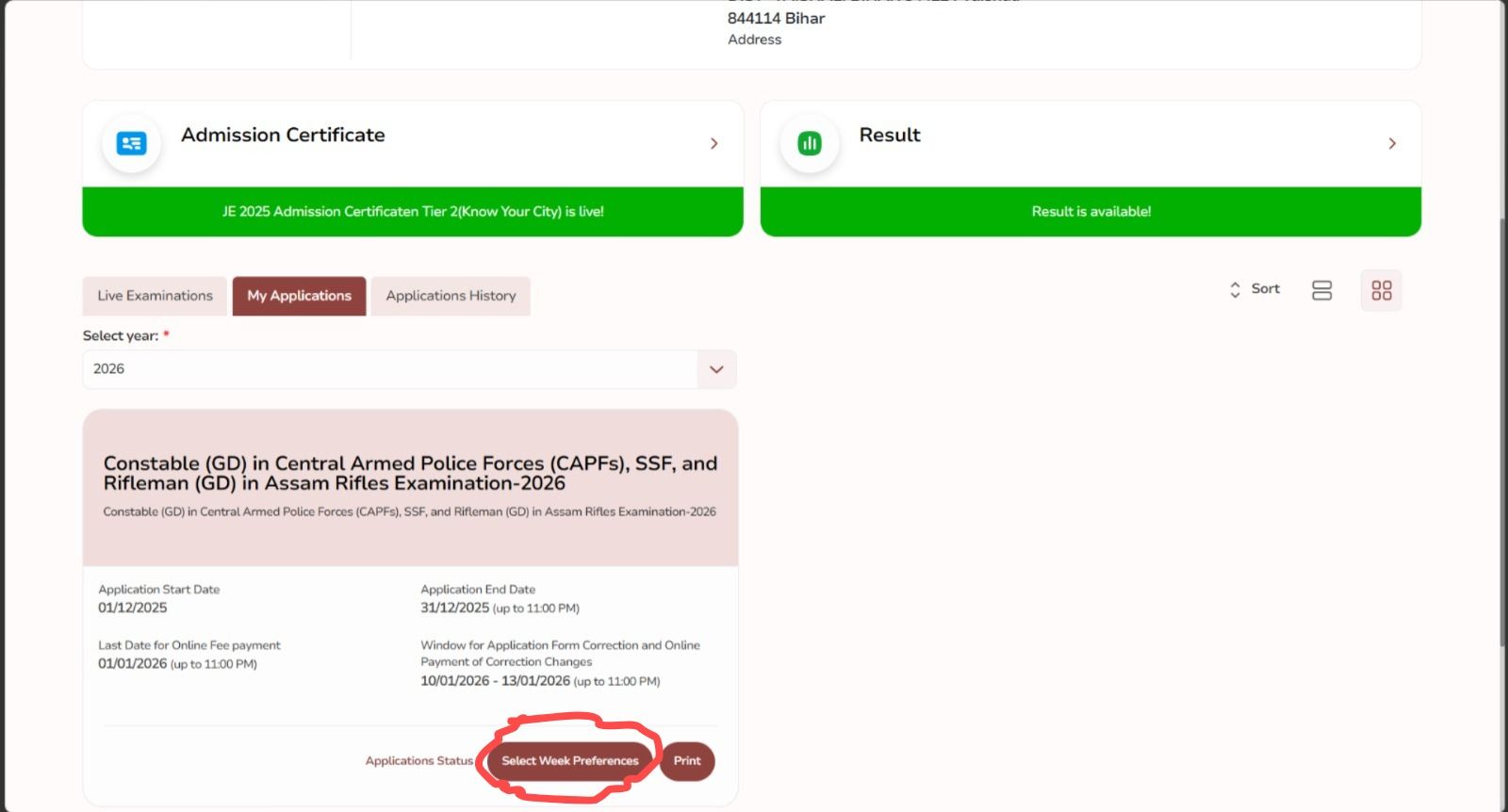Dashboard में 'Select Week Preference' लिंक पर क्लिक करें|